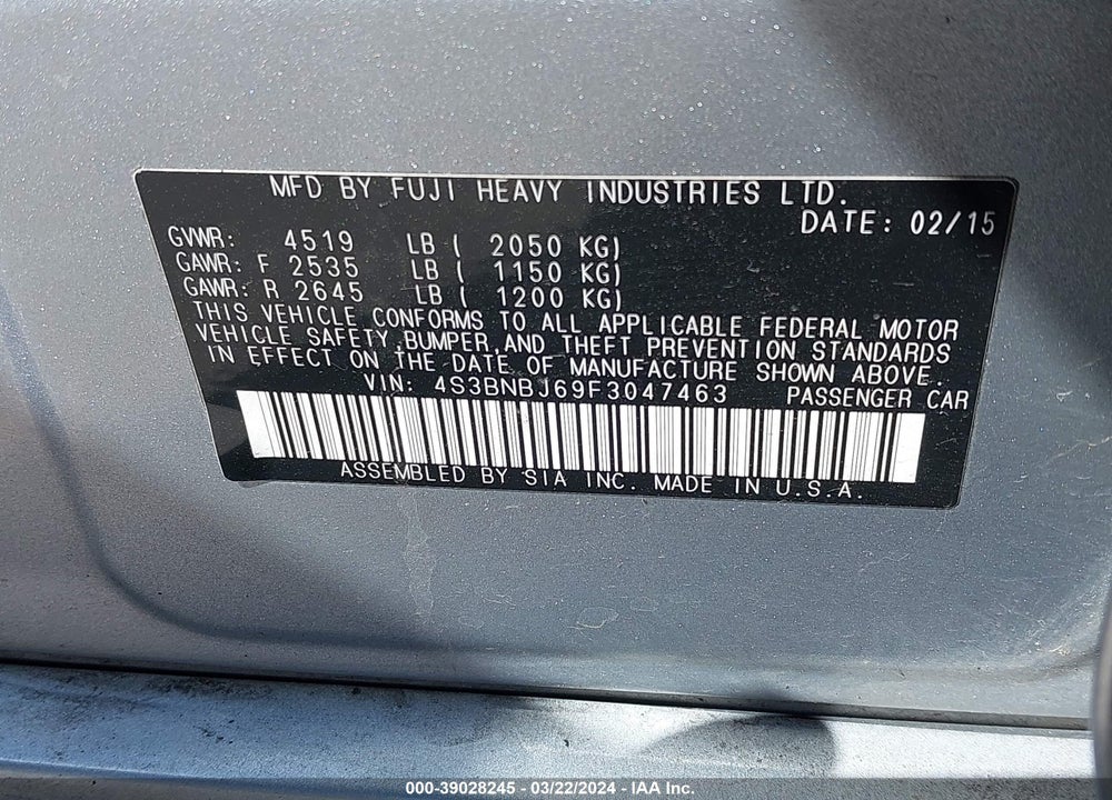 2015 SUBARU LEGACY 2.5I LIMITED VIN: 4S3BNBJ69F3047463