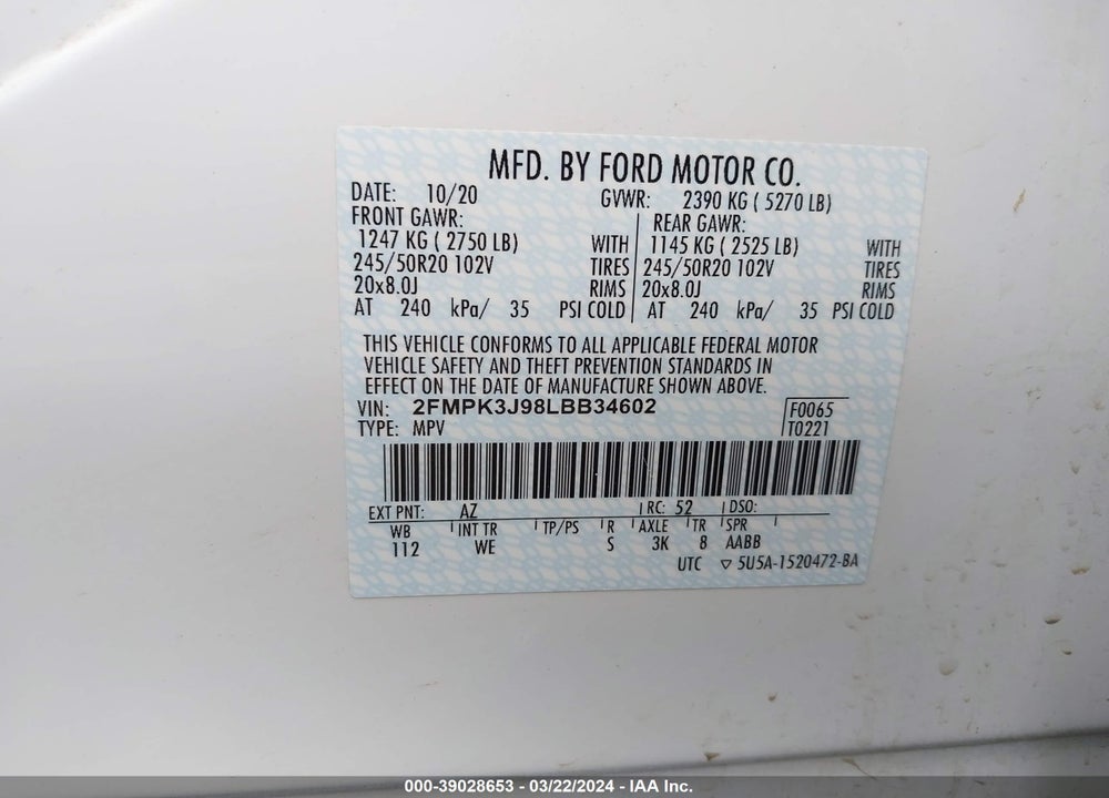 2020 FORD EDGE ST-LINE VIN: 2FMPK3J98LBB34602