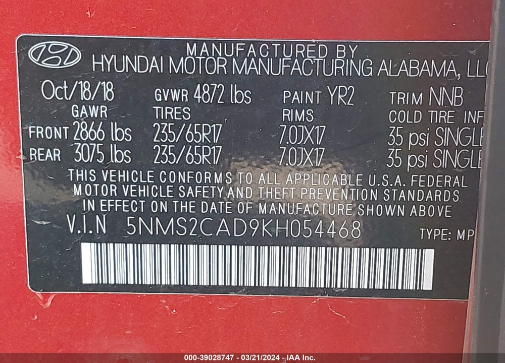 2019 HYUNDAI SANTA FE SE VIN: 5NMS2CAD9KH054468