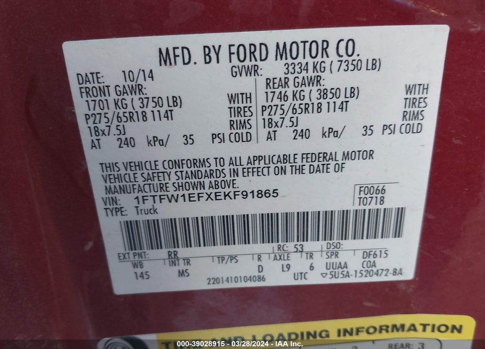 2014 FORD F-150 XLT VIN: 1FTFW1EFXEKF91865