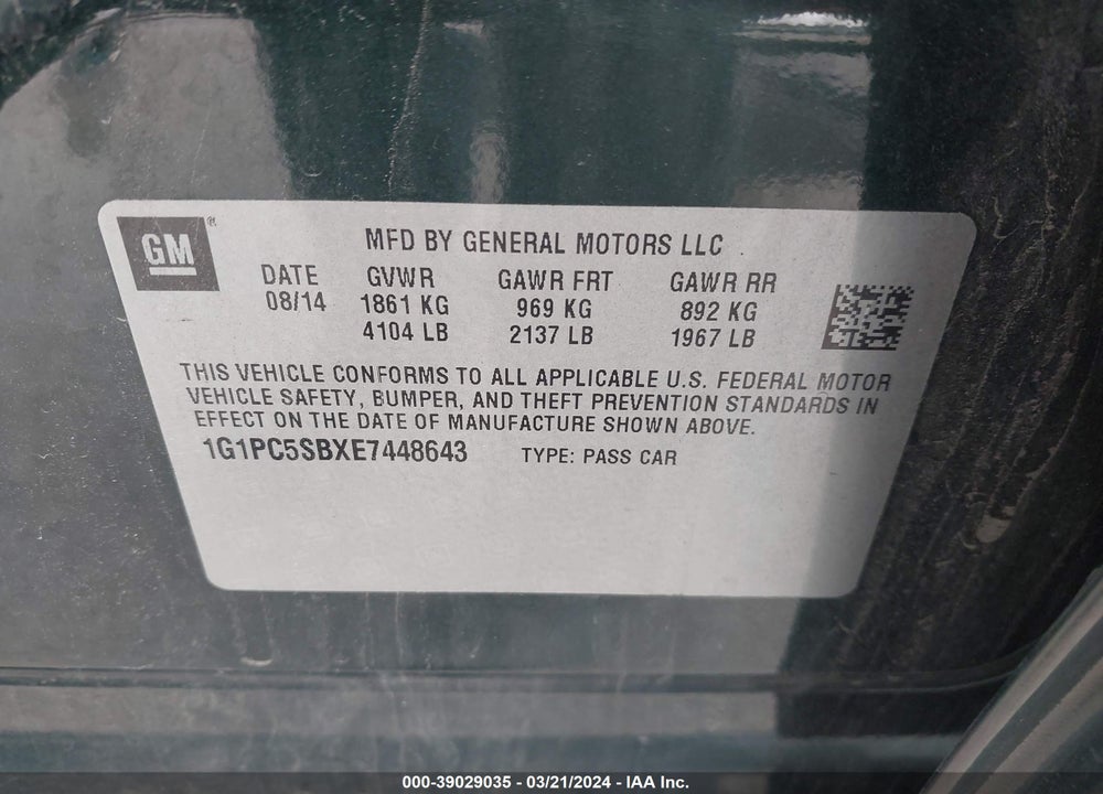 2014 CHEVROLET CRUZE 1LT AUTO VIN: 1G1PC5SBXE7448643