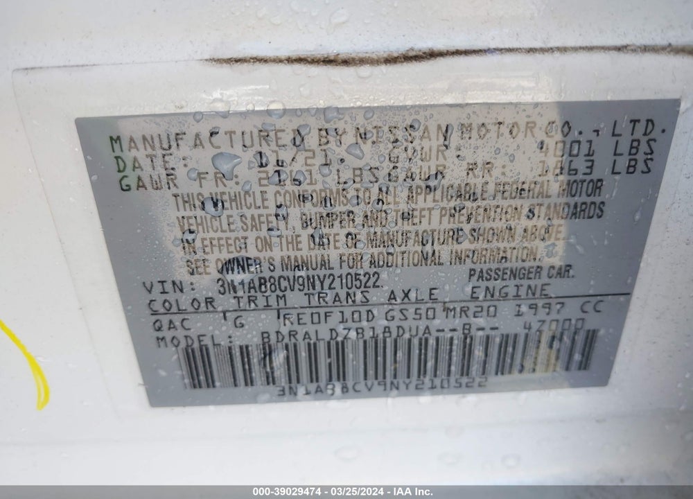 2022 NISSAN SENTRA SV XTRONIC CVT VIN: 3N1AB8CV9NY210522