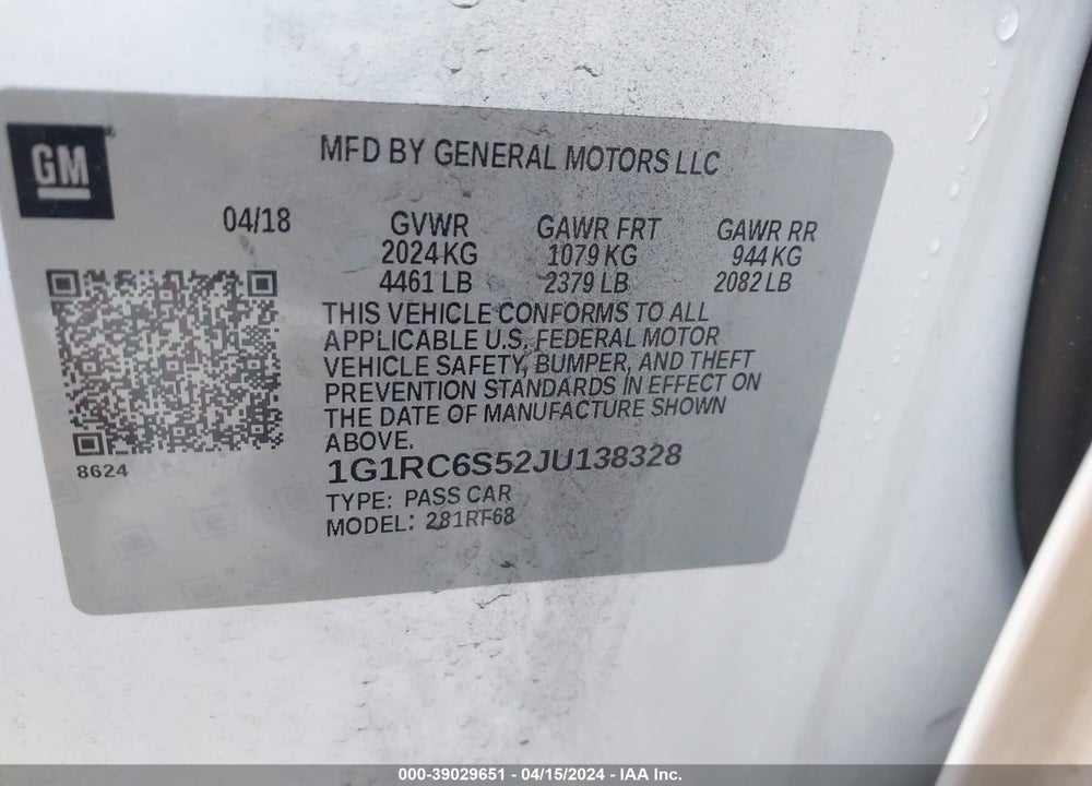 2018 CHEVROLET VOLT LT VIN: 1G1RC6S52JU138328