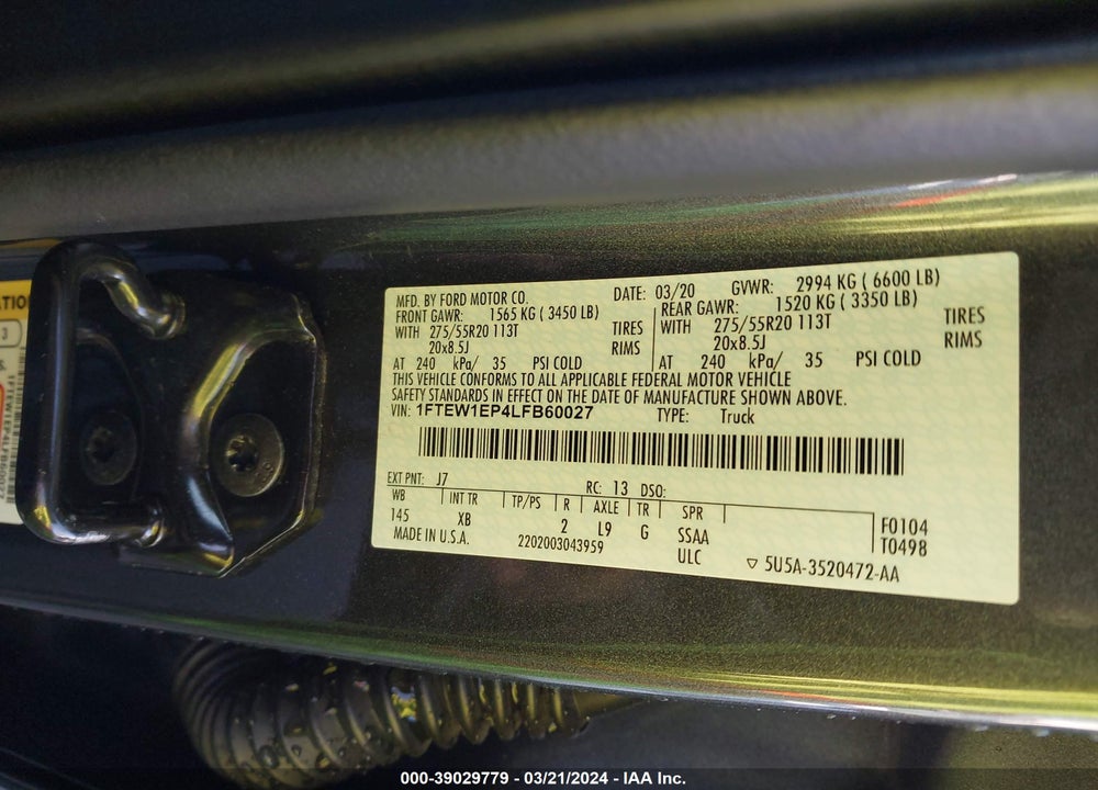 2020 FORD F-150 XLT VIN: 1FTEW1EP4LFB60027