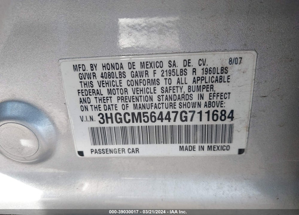 2007 HONDA ACCORD 2.4 LX VIN: 3HGCM56447G711684