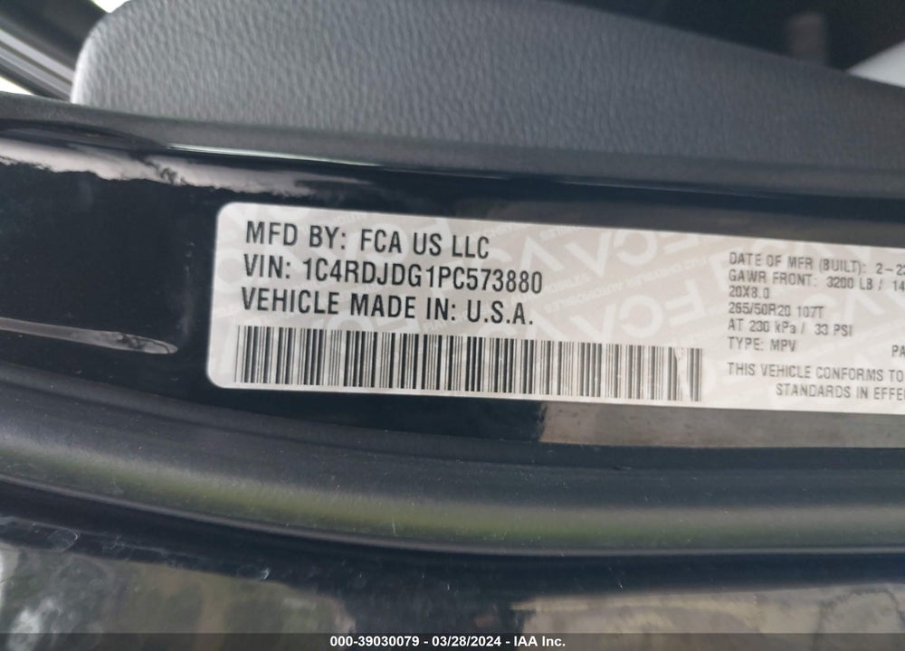 2023 DODGE DURANGO GT PLUS AWD VIN: 1C4RDJDG1PC573880