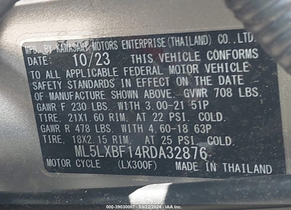 2024 KAWASAKI KLX300 VIN: ML5LXBF14RDA32876