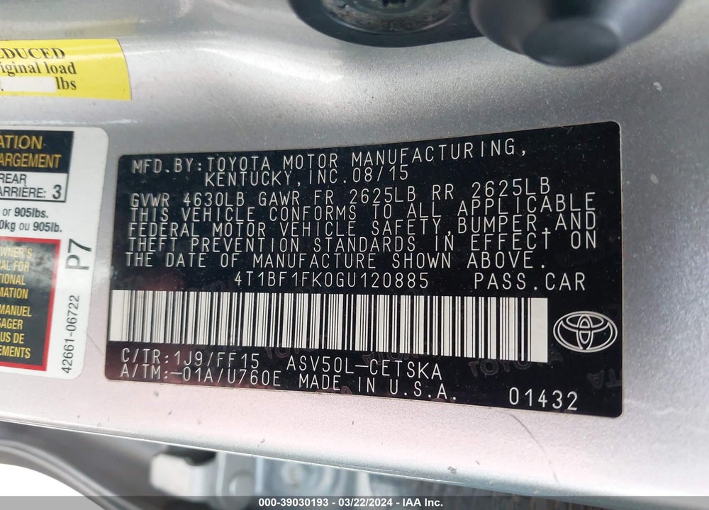 2016 TOYOTA CAMRY SE VIN: 4T1BF1FK0GU120885