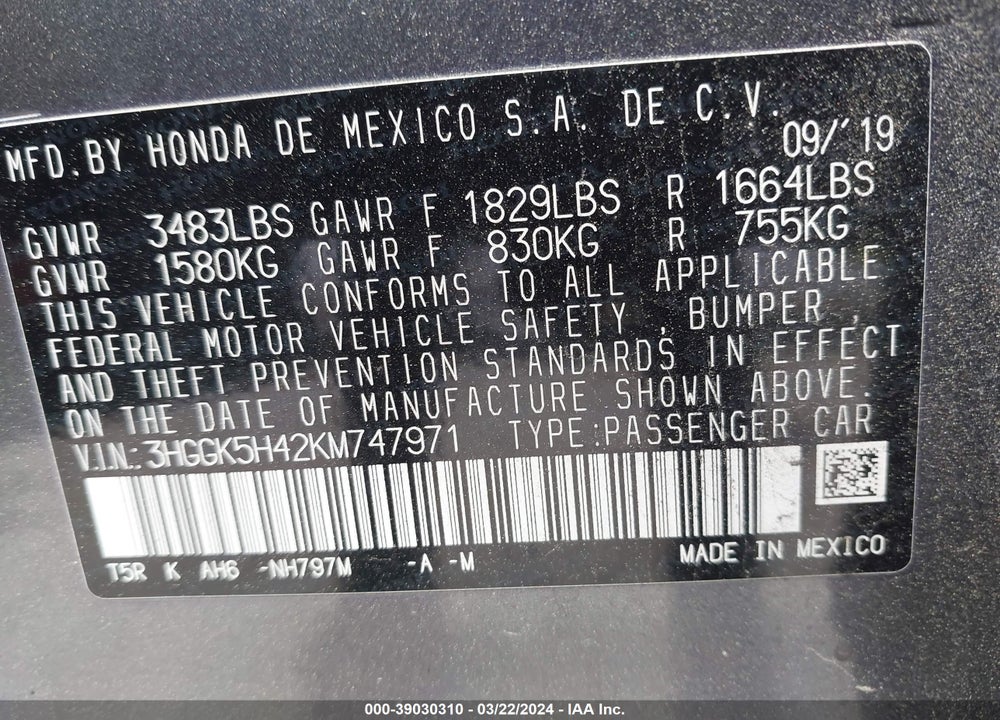 2019 HONDA FIT LX VIN: 3HGGK5H42KM747971