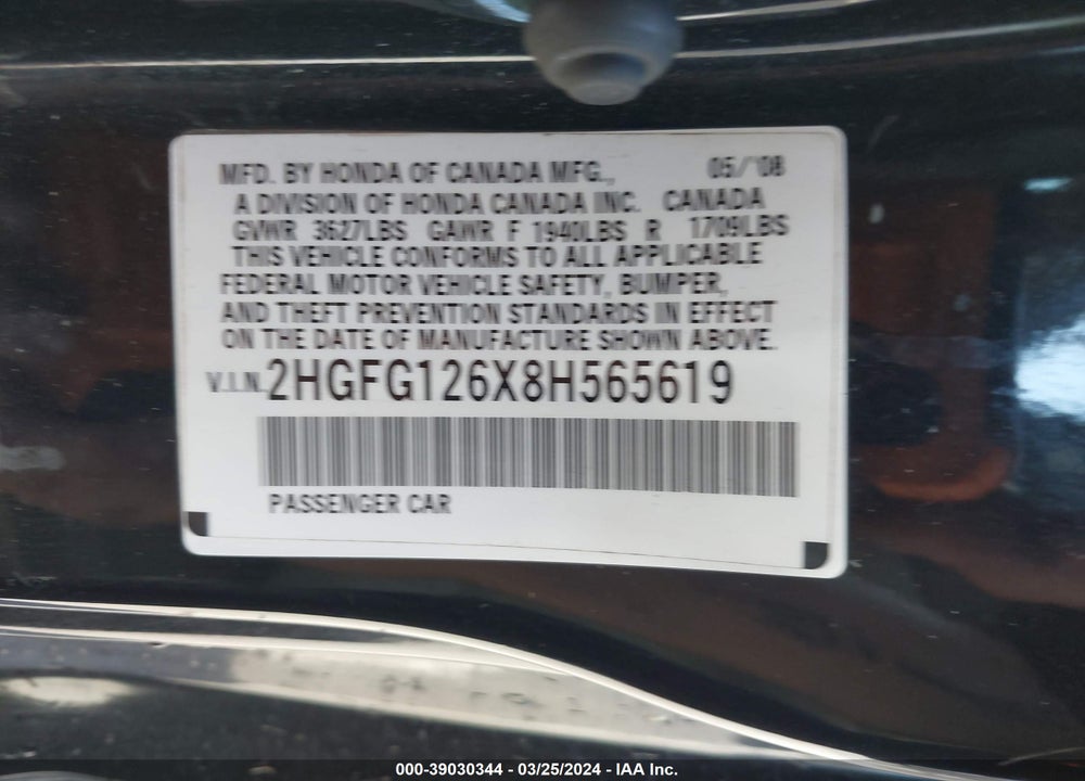 2008 HONDA CIVIC LX VIN: 2HGFG126X8H565619
