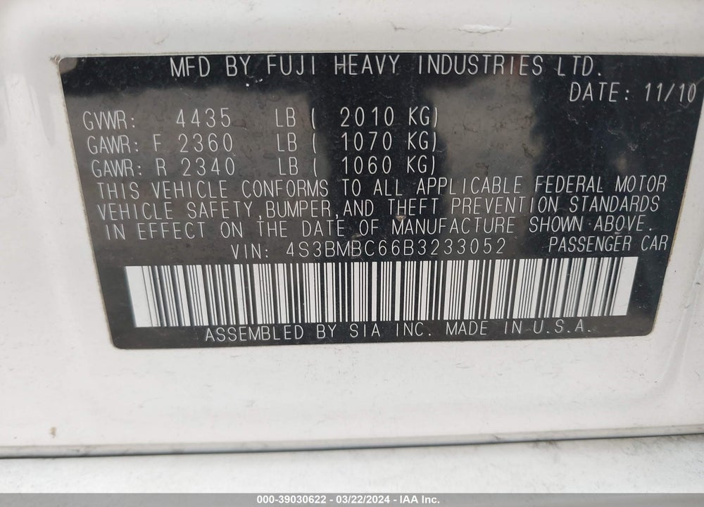 2011 SUBARU LEGACY 2.5I PREMIUM VIN: 4S3BMBC66B3233052