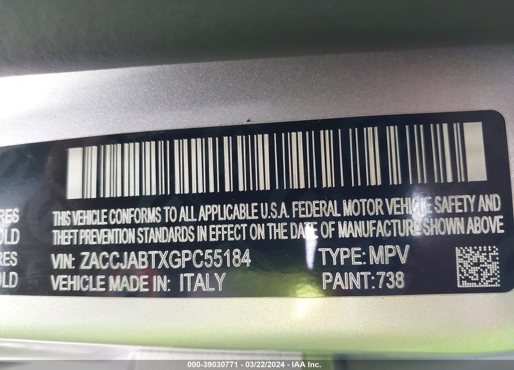 2016 JEEP RENEGADE LATITUDE VIN: ZACCJABTXGPC55184