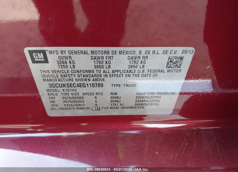 2014 CHEVROLET SILVERADO 1500 1LZ VIN: 3GCUKSEC4EG118789