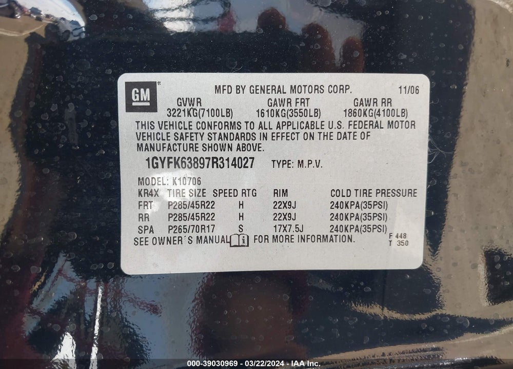 2007 CADILLAC ESCALADE STANDARD VIN: 1GYFK63897R314027