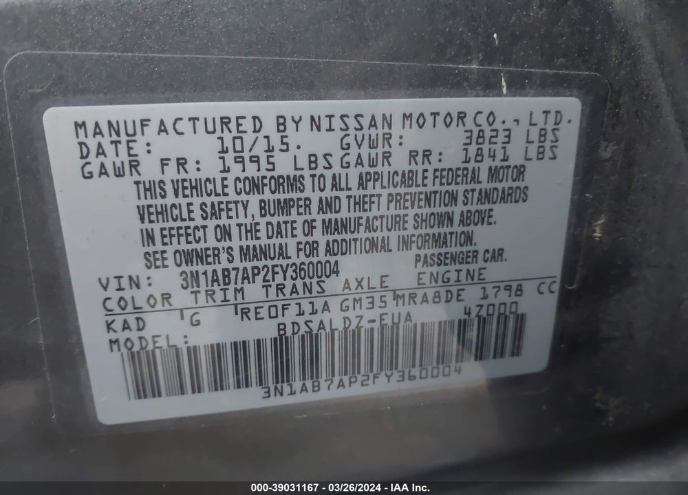 2015 NISSAN SENTRA VIN: 3N1AB7AP2FY360004