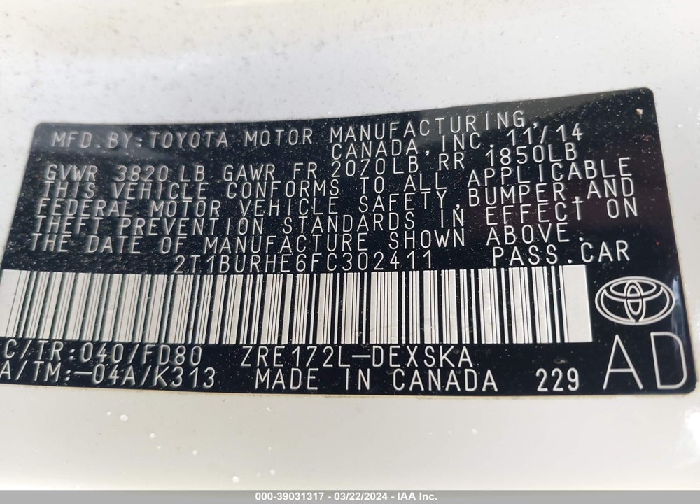 2015 TOYOTA COROLLA S PLUS VIN: 2T1BURHE6FC302411