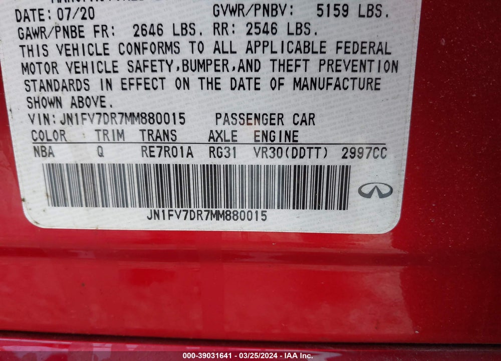 2021 INFINITI Q50 RED SPORT 400 AWD VIN: JN1FV7DR7MM880015