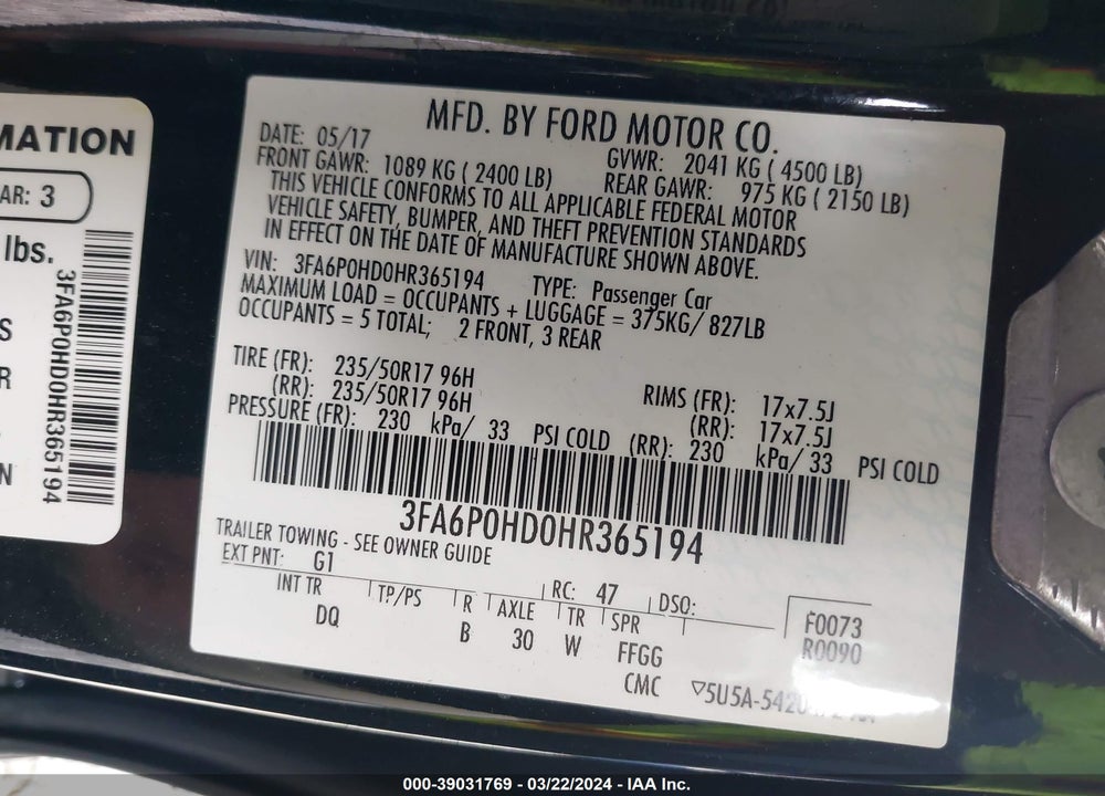 2017 FORD FUSION SE VIN: 3FA6P0HD0HR365194