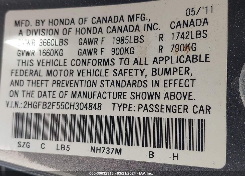2012 HONDA CIVIC LX VIN: 2HGFB2F55CH304848