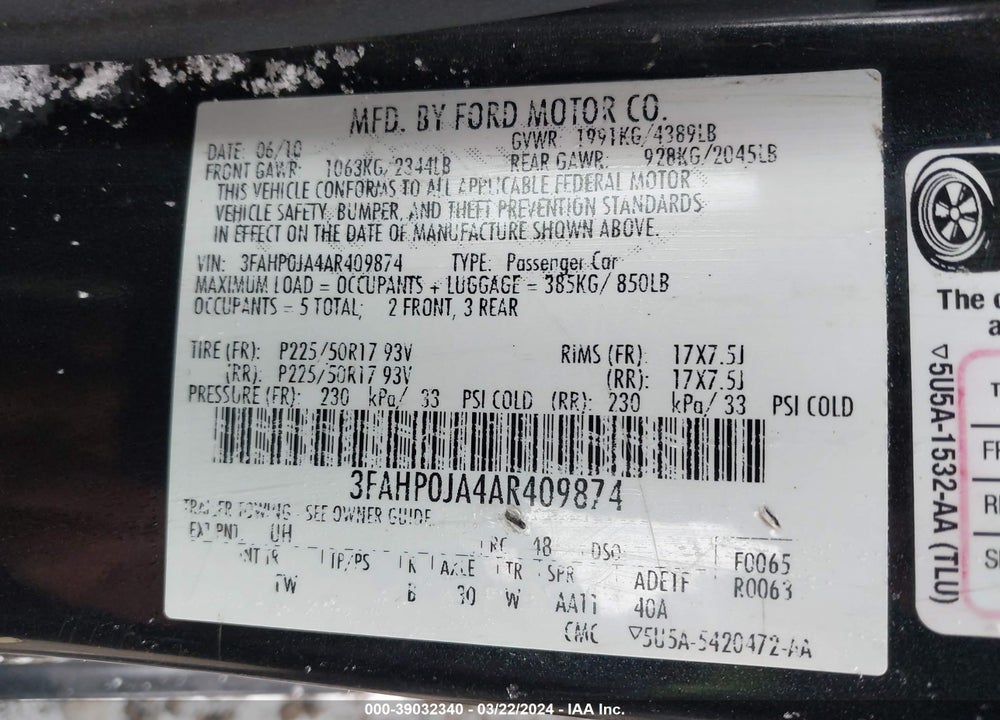 2010 FORD FUSION VIN: 3FAHPOJA4AR409874