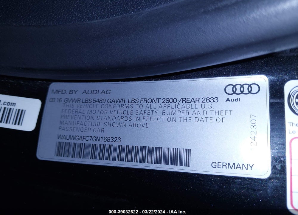 2016 AUDI A7 3.0T PREMIUM PLUS VIN: WAUWGAFC7GN168323