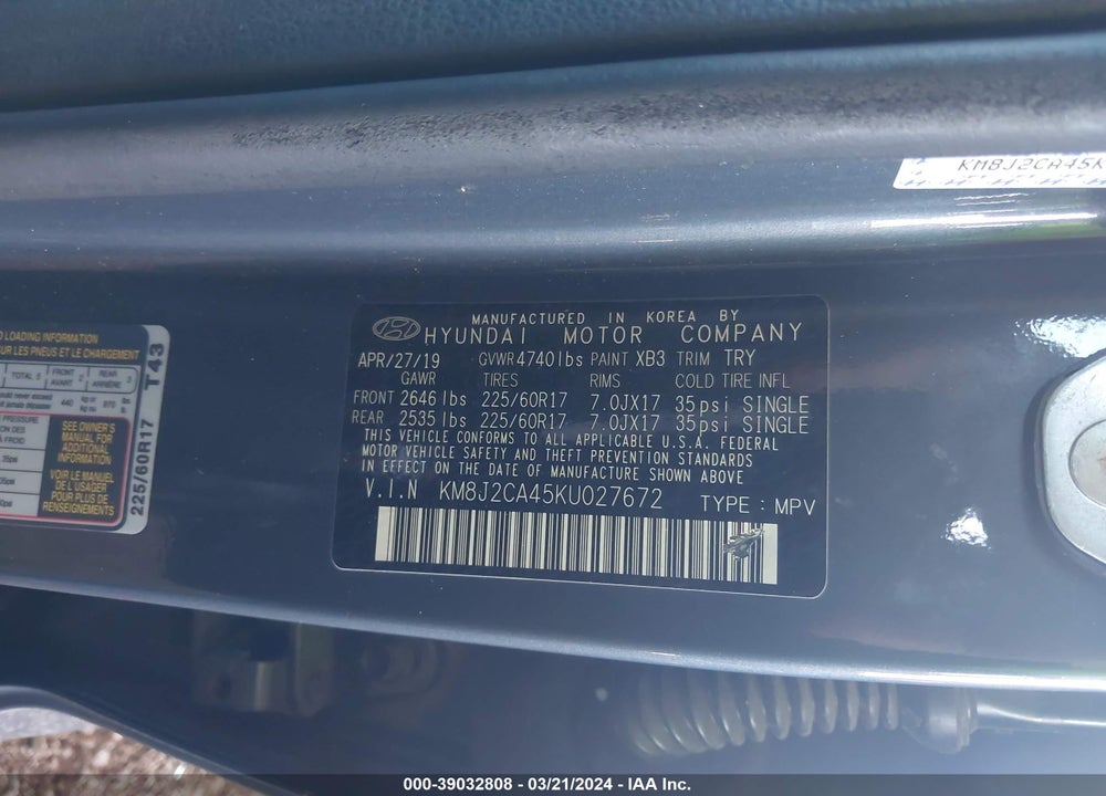 2019 HYUNDAI TUCSON SE VIN: KM8J2CA45KU027672