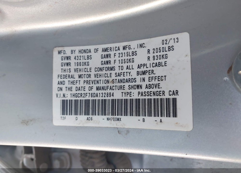 2013 HONDA ACCORD EX VIN: 1HGCR2F76DA132894