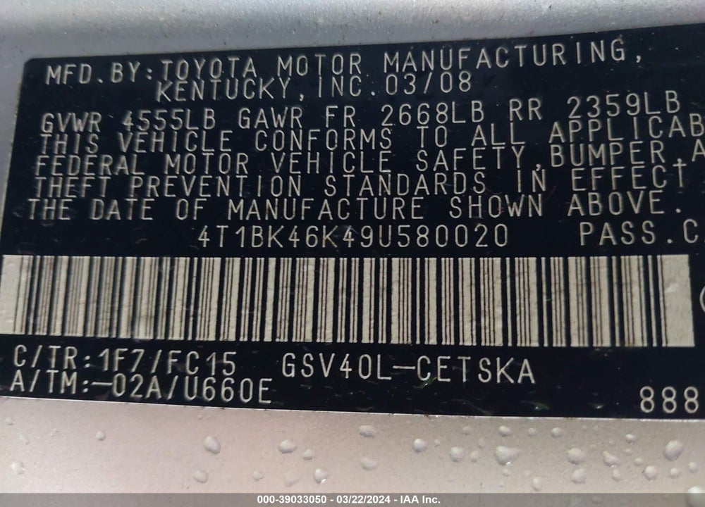 2009 TOYOTA CAMRY SE V6 VIN: 4T1BK46K49U580020