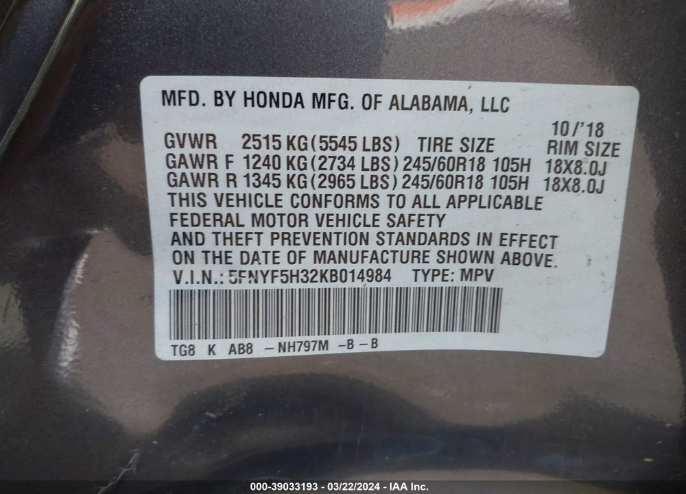 2019 HONDA PILOT EX VIN: 5FNYF5H32KB014984