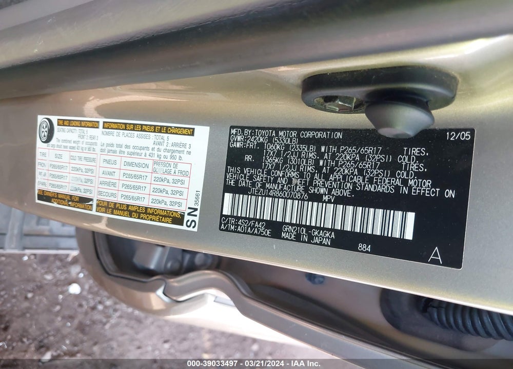 2006 TOYOTA 4RUNNER SR5 V6 VIN: JTEZU14R860070876