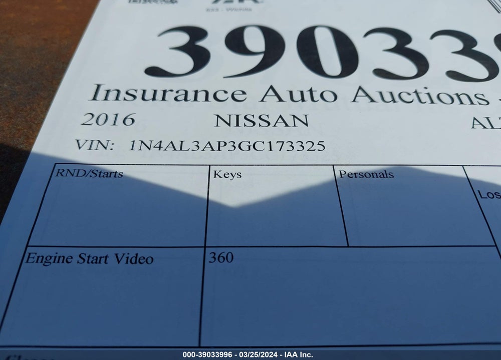 2016 NISSAN ALTIMA 2.5/2.5 S/2.5 SL/2.5 SR/2.5 SV VIN: 1N4AL3AP3GC173325