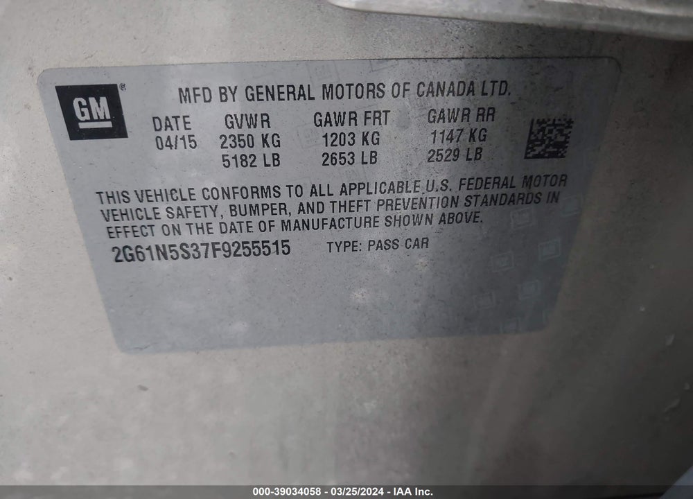 2015 CADILLAC XTS LUXURY VIN: 2G61N5S37F9255515