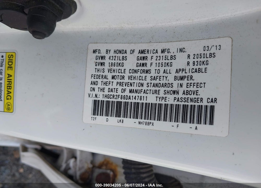 2013 HONDA ACCORD EX-L VIN: 1HGCR2F86DA147811