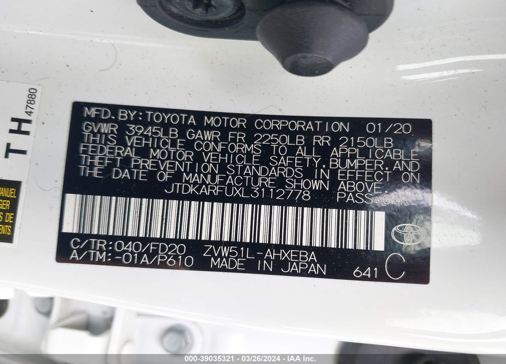 2020 TOYOTA PRIUS LE VIN: JTDKARFUXL3112778