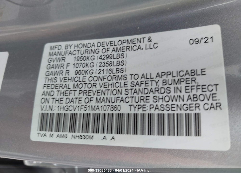 2021 HONDA ACCORD EX-L VIN: 1HGCV1F51MA107860