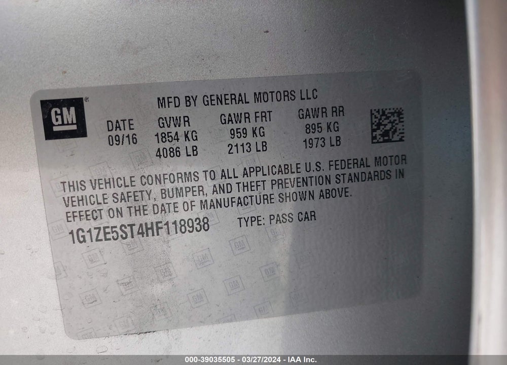 2017 CHEVROLET MALIBU LT VIN: 1G1ZE5ST4HF118938