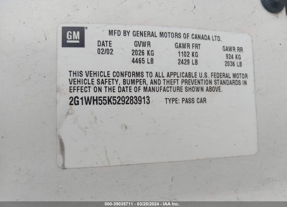 2002 CHEVROLET IMPALA LS VIN: 2G1WH55K529283913