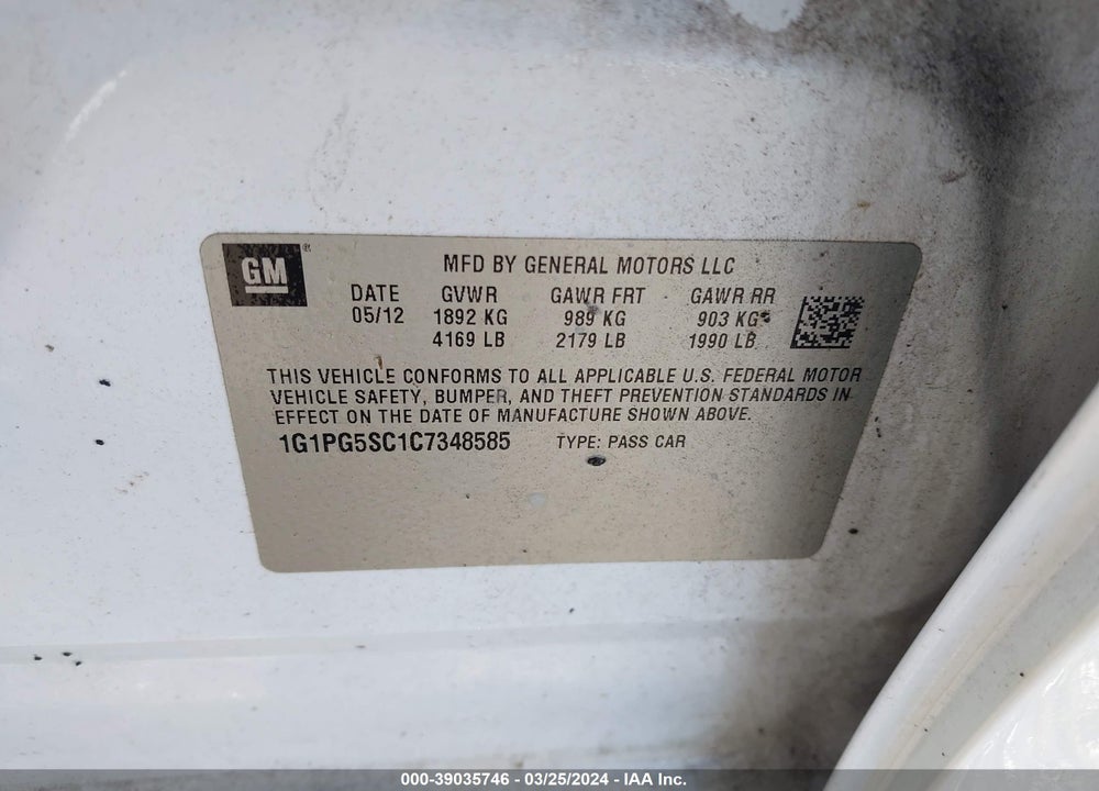 2012 CHEVROLET CRUZE 2LT VIN: 1G1PG5SC1C7348585
