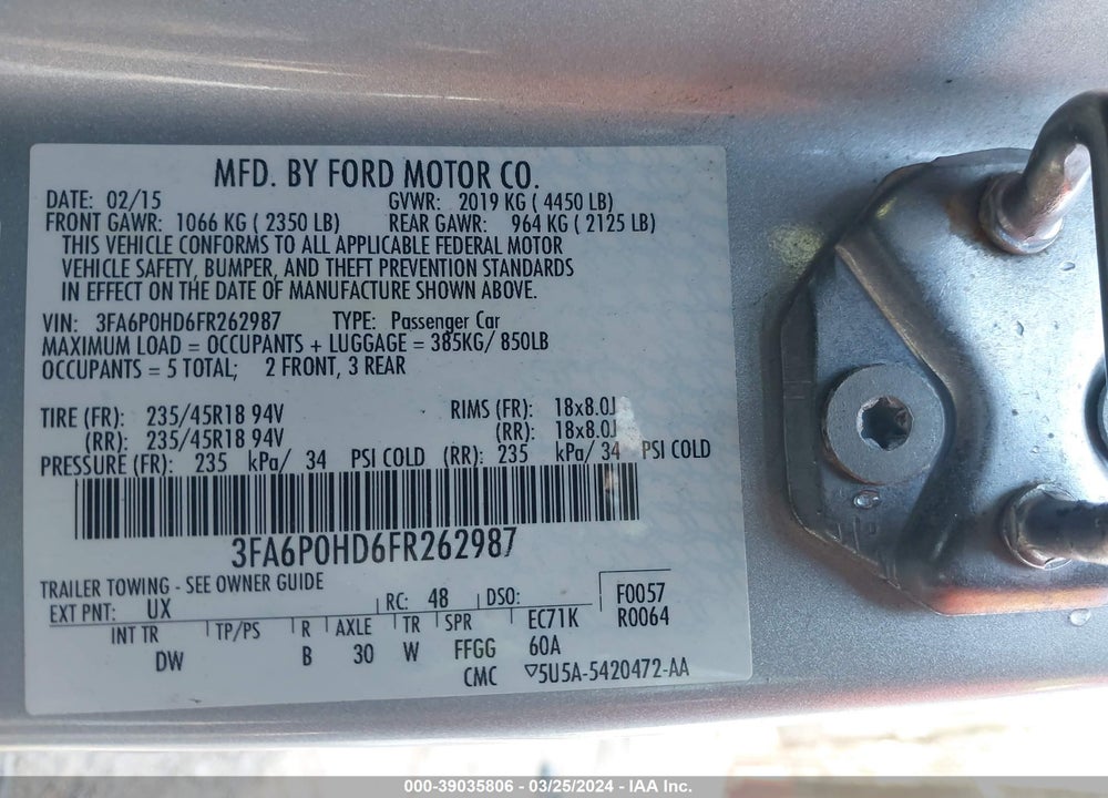2015 FORD FUSION SE VIN: 3FA6P0HD6FR262987