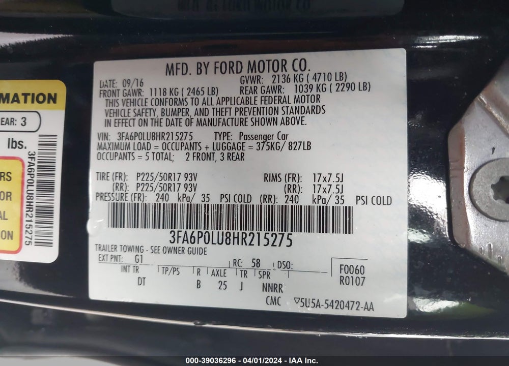 2017 FORD FUSION HYBRID SE VIN: 3FA6P0LU8HR215275