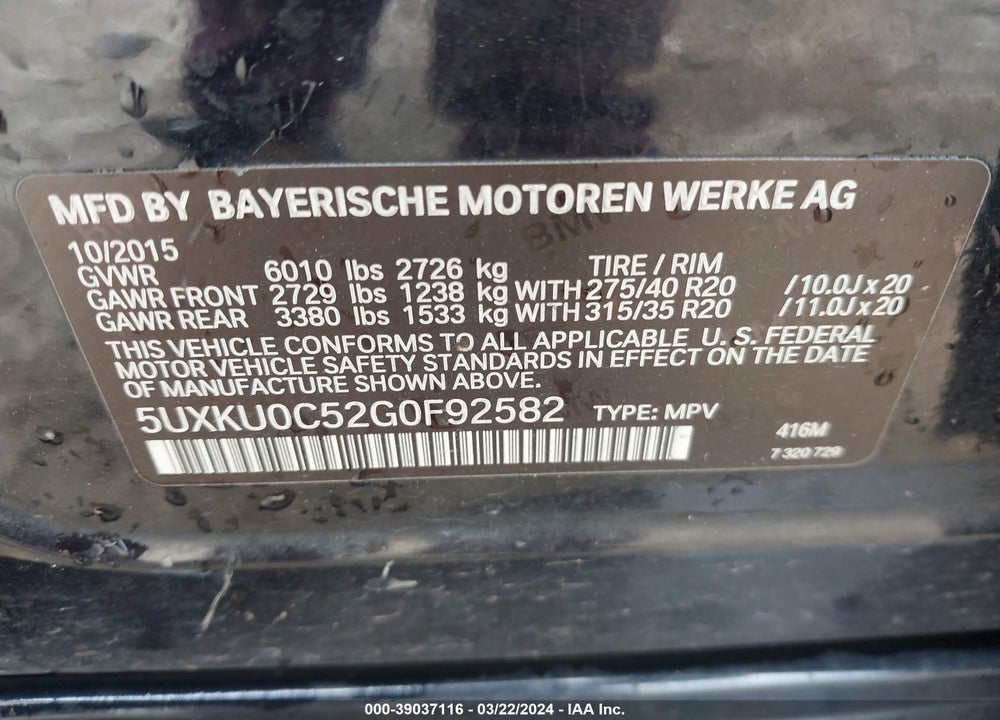 2016 BMW X6 SDRIVE35I VIN: 5UXKU0C52G0F92582