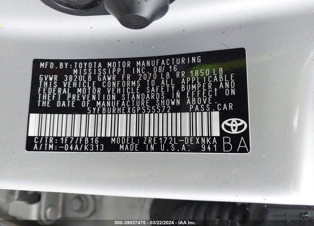 2016 TOYOTA COROLLA LE VIN: 5YFBURHEXGP555572