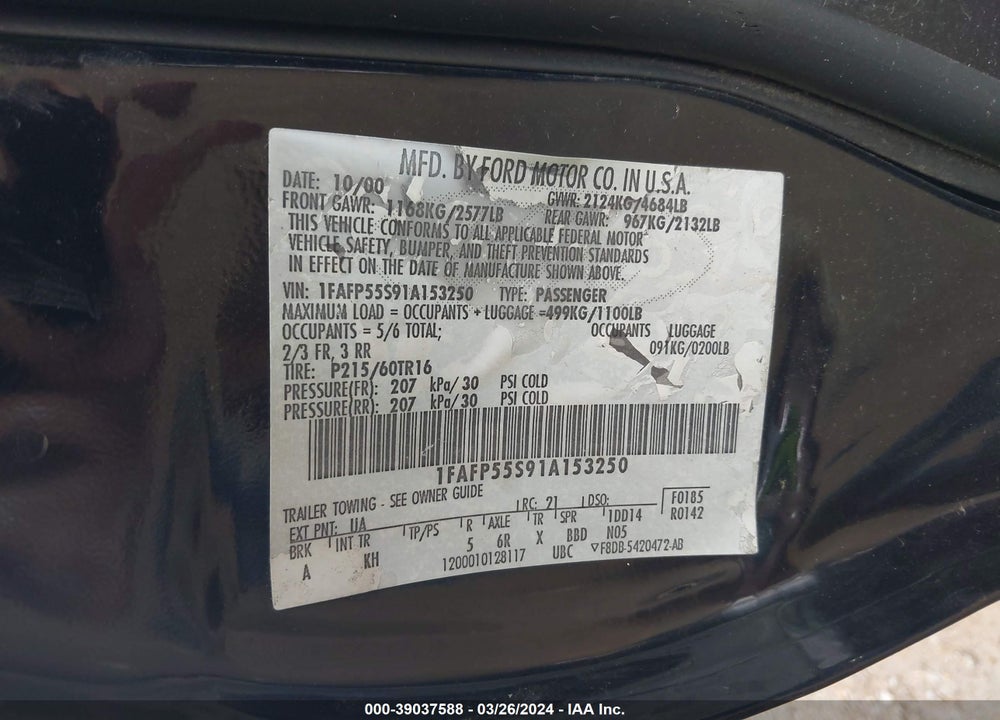 2001 FORD TAURUS SES VIN: 1FAFP55S91A153250
