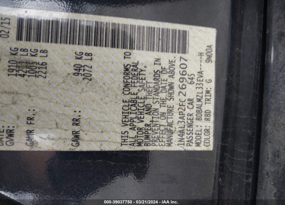 2015 NISSAN ALTIMA 2.5 SV VIN: 1N4AL3AP2FC269607