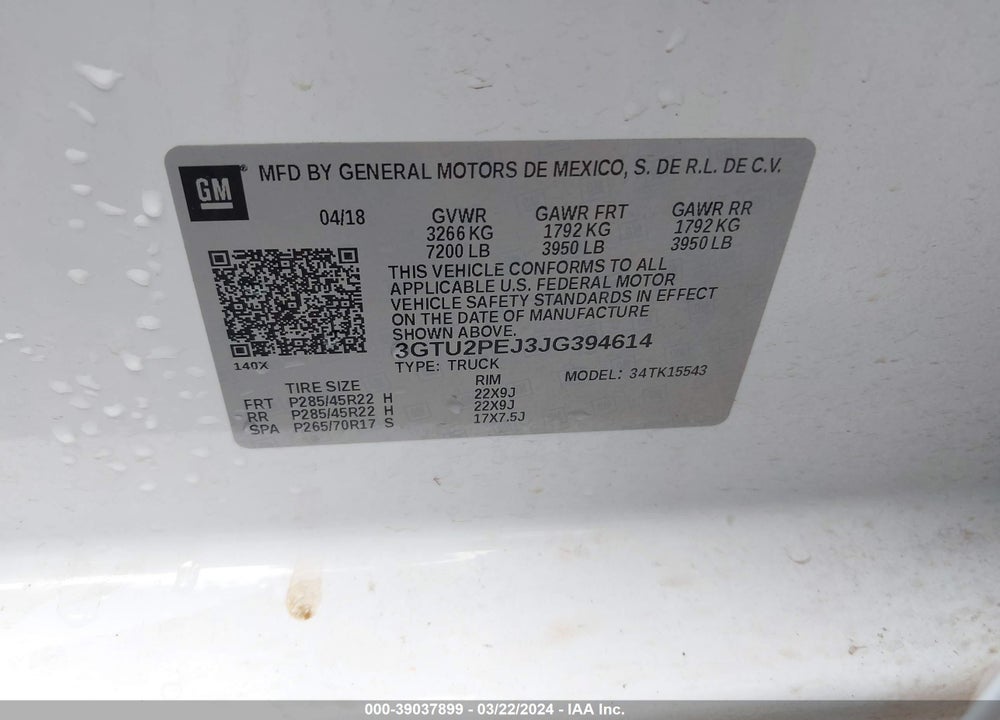 2018 GMC SIERRA 1500 DENALI VIN: 3GTU2PEJ3JG394614