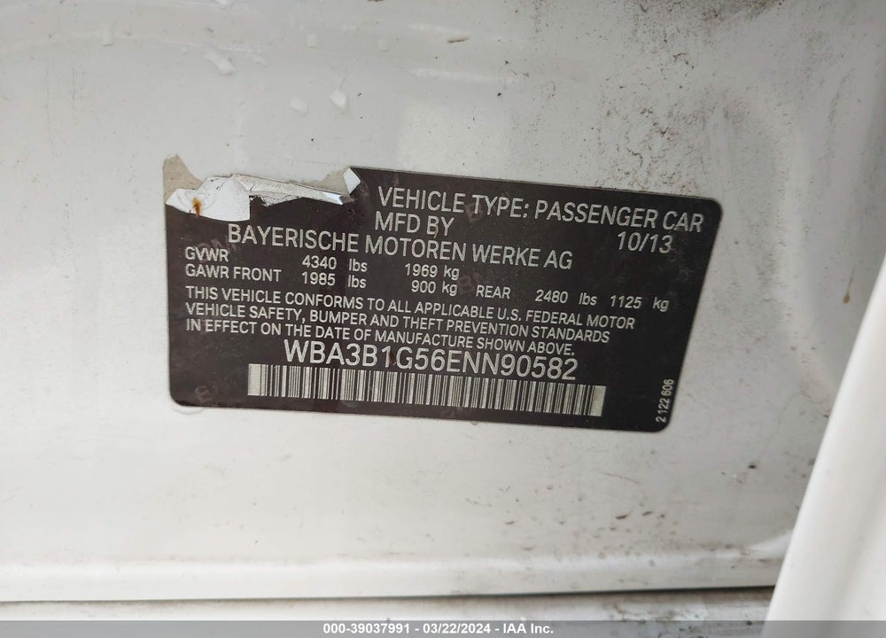 2014 BMW 320I VIN: WBA3B1G56ENN90582