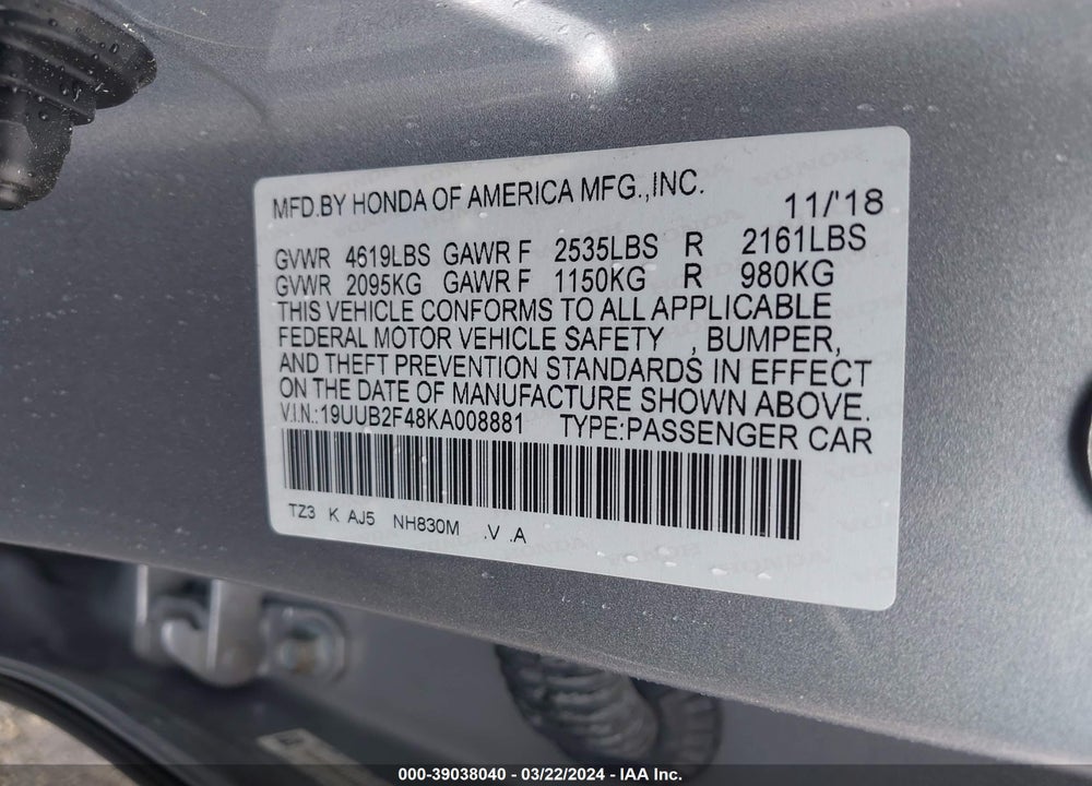 2019 ACURA TLX TECH PKG VIN: 19UUB2F48KA008881