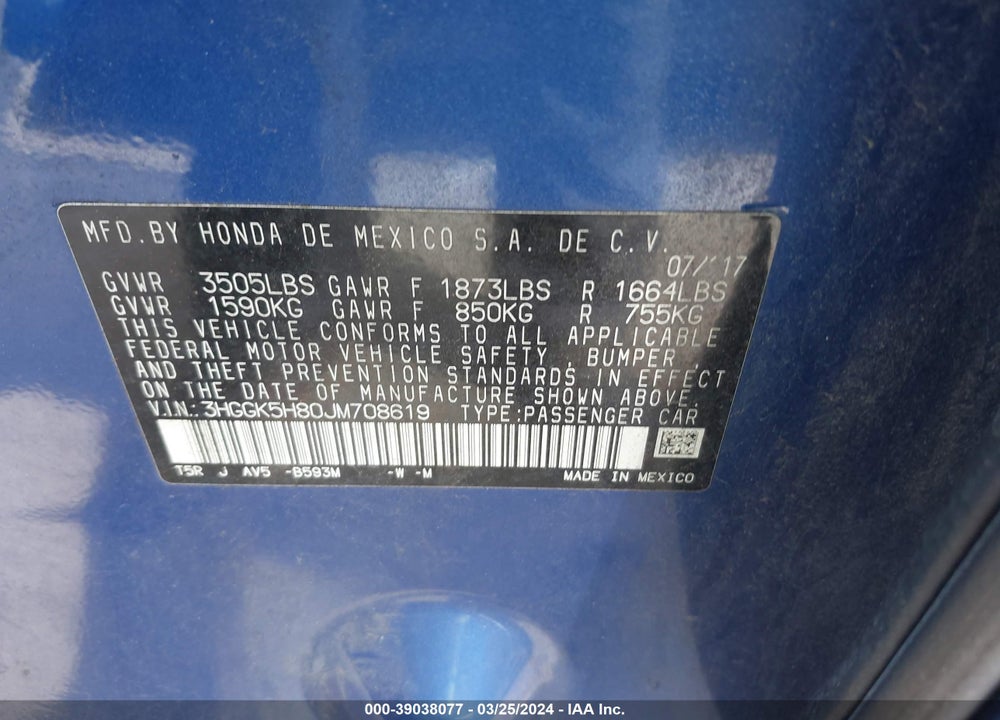2018 HONDA FIT EX VIN: 3HGGK5H80JM708619