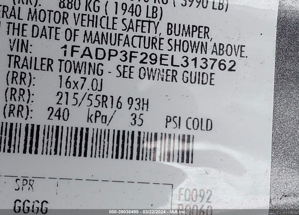 2014 FORD FOCUS SE VIN: 1FADP3F29EL313762