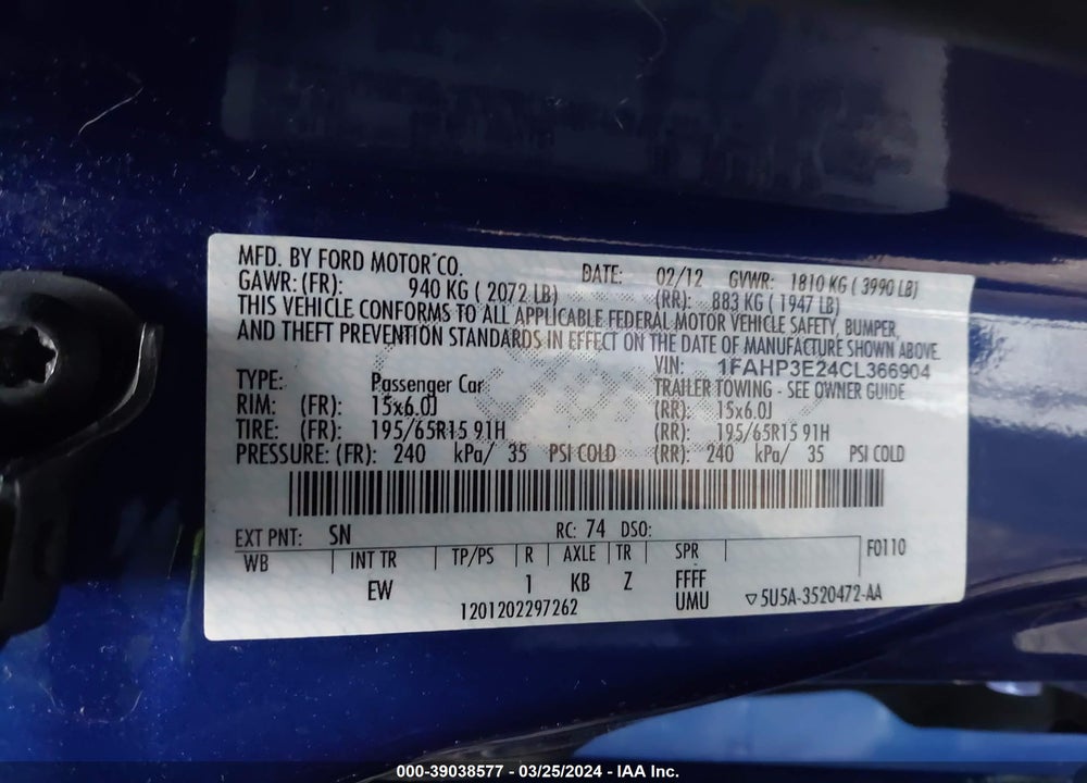 2012 FORD FOCUS S VIN: 1FAHP3E24CL366904